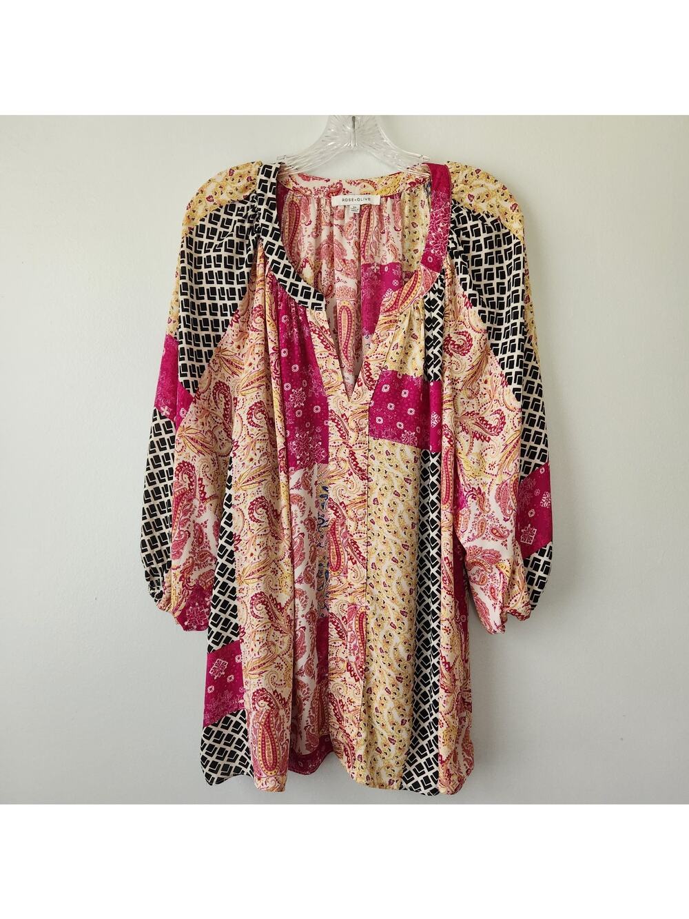 Rose + Olive Top Women's 2X Pink Abstract Tunic Office Workwear Cottagecore Boho